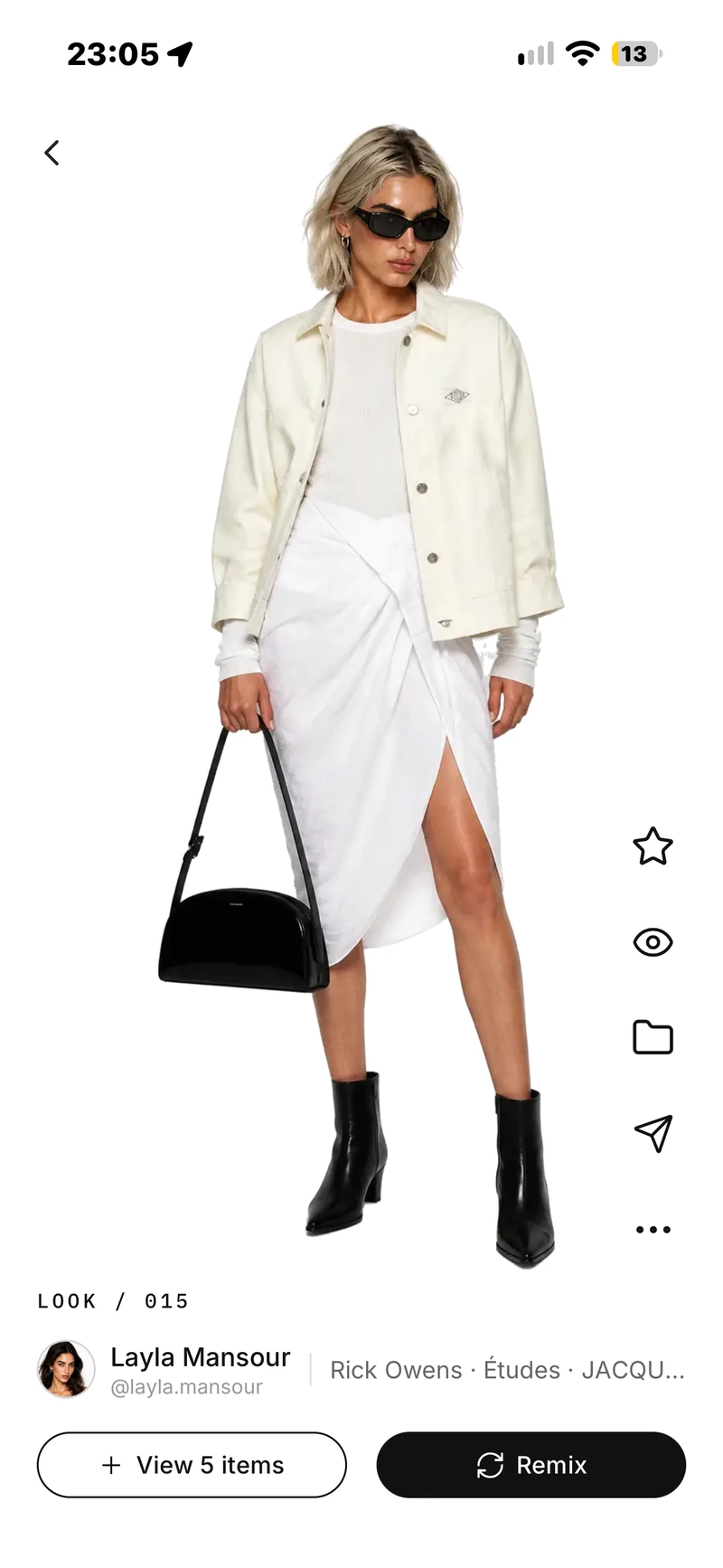 Look 015: Layla’s platinum-haired Digital Double wearing the selected white layers with black boots, bag and sunglasses.